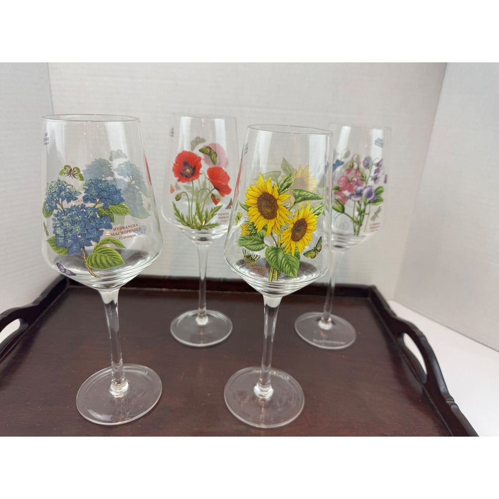 Portmeirion Botanic Garden Wine Glasses Set 4 Floral Sunflower Poppy Hydrangea